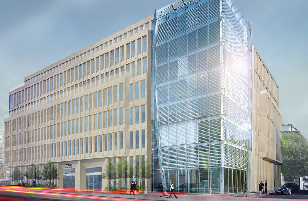 8 Projet ZENITH au bvd. Royal. Alors que tout le complexe de l’ancienne BGL a été démoli, le bâtiment du coin a été maintenu. Ce bâtiment a été construit en 2001. À cause de son architecture toujours actuelle et d’une technique répondant toujours aux besoins du futur, ce bâtiment a été maintenu et intégré dans le nouveau concept. Côté technique il disposait déjà lors de sa conception d’une dalle thermoactive et d’un système de ventilation selon le principe de la ventilation source. JSE a activement participé à la conception de la double peau thermique. C’est une des seules façades double-peau complètement fermée et étanche. 8 Projet ZENITH au bvd. Royal. Alors que tout le complexe de l’ancienne BGL a été démoli, le bâtiment du coin a été maintenu. Ce bâtiment a été construit en 2001. À cause de son architecture toujours actuelle et d’une technique répondant toujours aux besoins du futur, ce bâtiment a été maintenu et intégré dans le nouveau concept. Côté technique il disposait déjà lors de sa conception d’une dalle thermoactive et d’un système de ventilation selon le principe de la ventilation source. JSE a activement particip